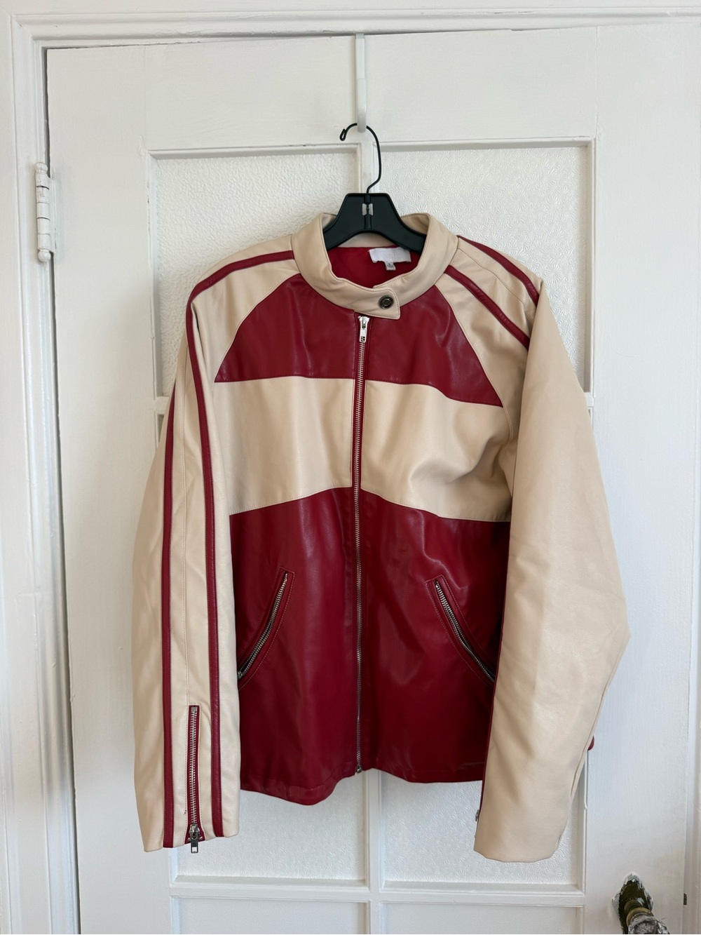 Isalis Classic Two-Tone Vegan Leather Jacket - Cream & Red